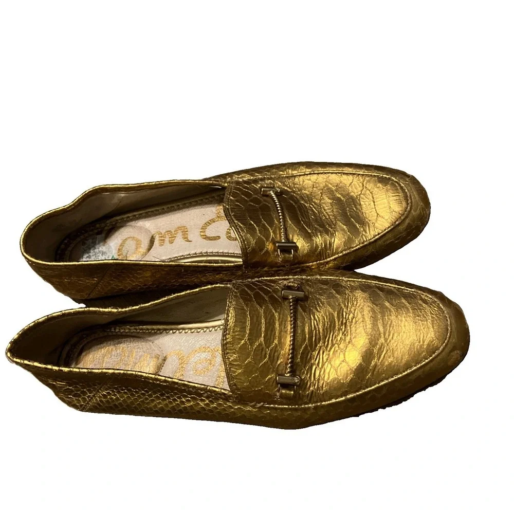 Sam Edelman Gold Crocodile-Embossed Leather Loafer Moc SZ 9.5 Preppy Flaws Read